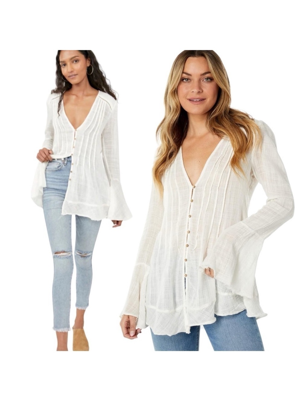 Free People White Button Front Gauze Blouse